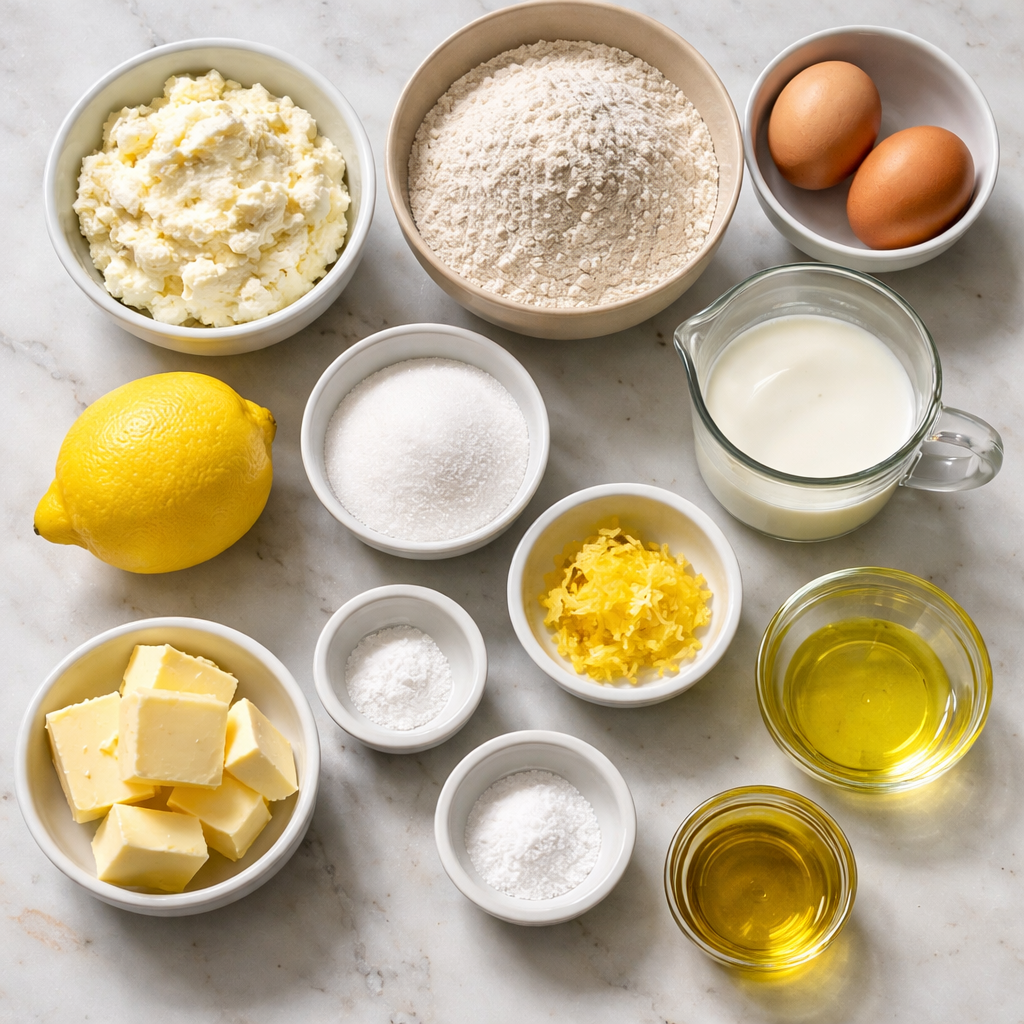 Fluffy lemon ricotta pancakes stacked on a plate with fresh lemon zest and syrup