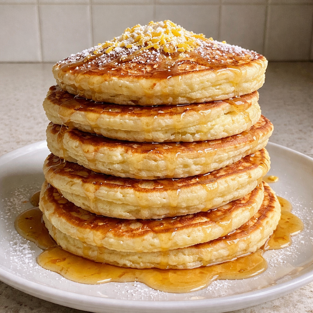 1735855500050-b33rq64b Fluffy lemon ricotta pancakes stacked on a plate with fresh lemon zest and syrup