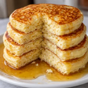 Fluffy lemon ricotta pancakes stacked on a plate with fresh lemon zest and syrup