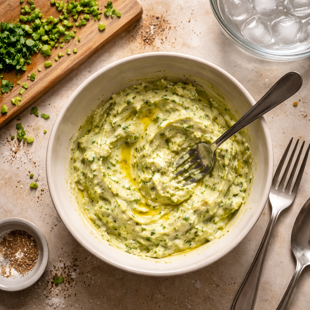 Mediterranean avocado egg salad garnished with herbs and served in a bowl
