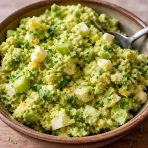 Mediterranean avocado egg salad garnished with herbs and served in a bowl