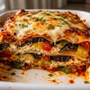 Layered Mediterranean Vegetable Lasagna topped with creamy ricotta cheese