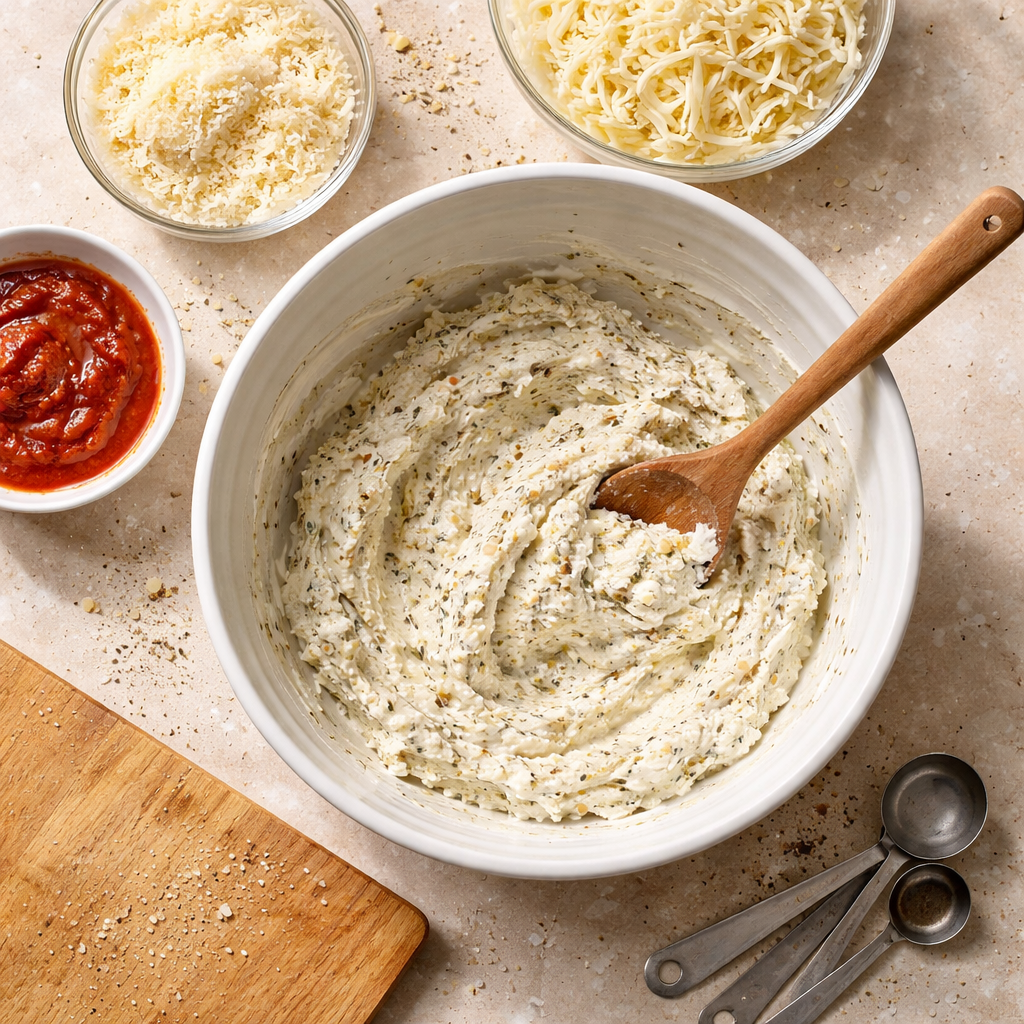 Layered Mediterranean Vegetable Lasagna topped with creamy ricotta cheese