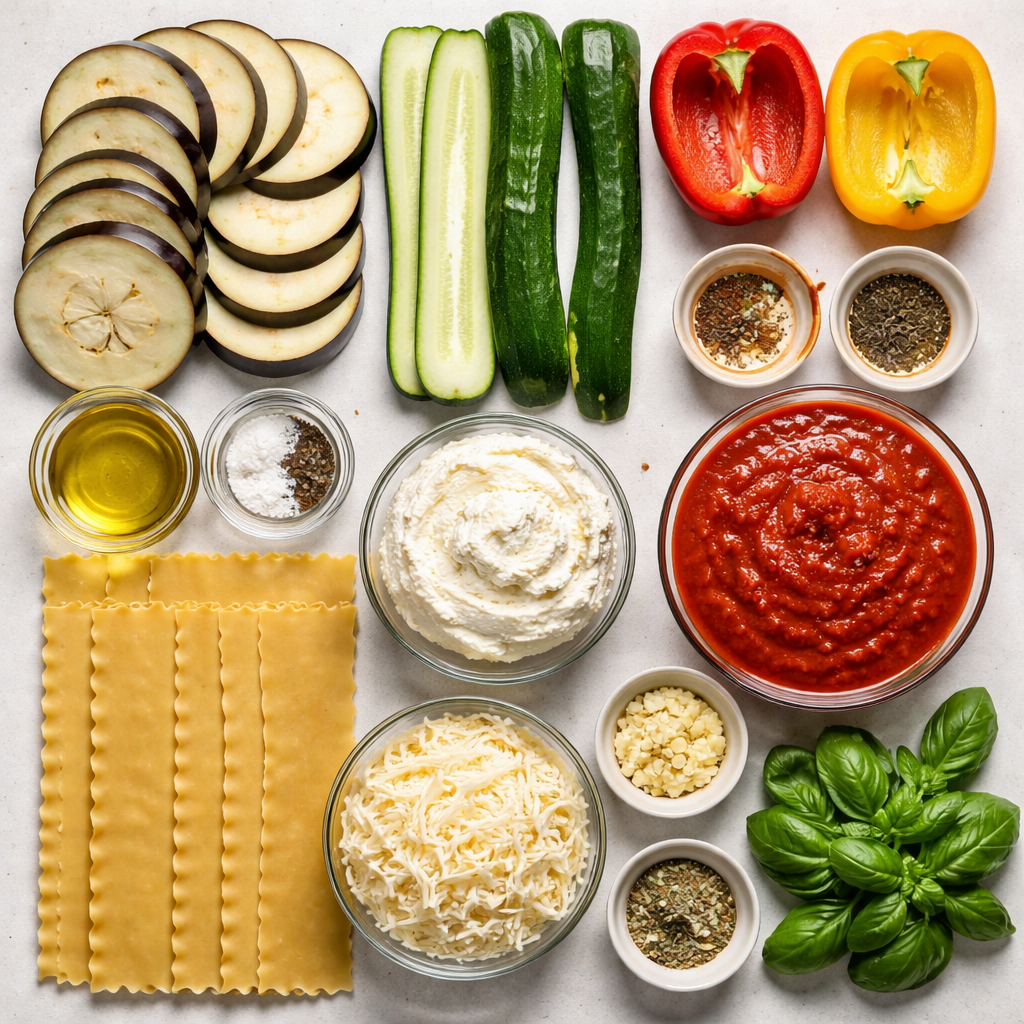 Layered Mediterranean Vegetable Lasagna topped with creamy ricotta cheese