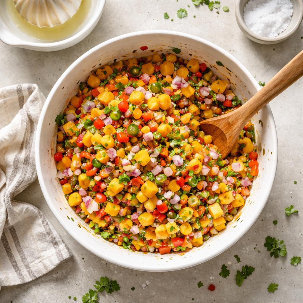 Grilled salmon fillet topped with fresh mango salsa garnish