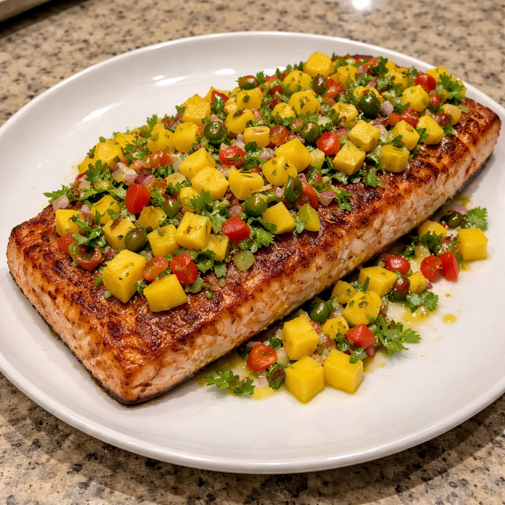 1735855495790-1eofsk8z Grilled salmon fillet topped with fresh mango salsa garnish