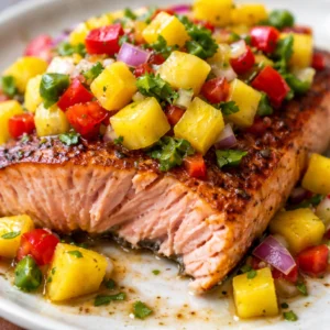 Grilled salmon fillet topped with fresh mango salsa garnish