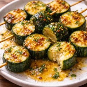 Grilled garlic butter zucchini skewers on a plate