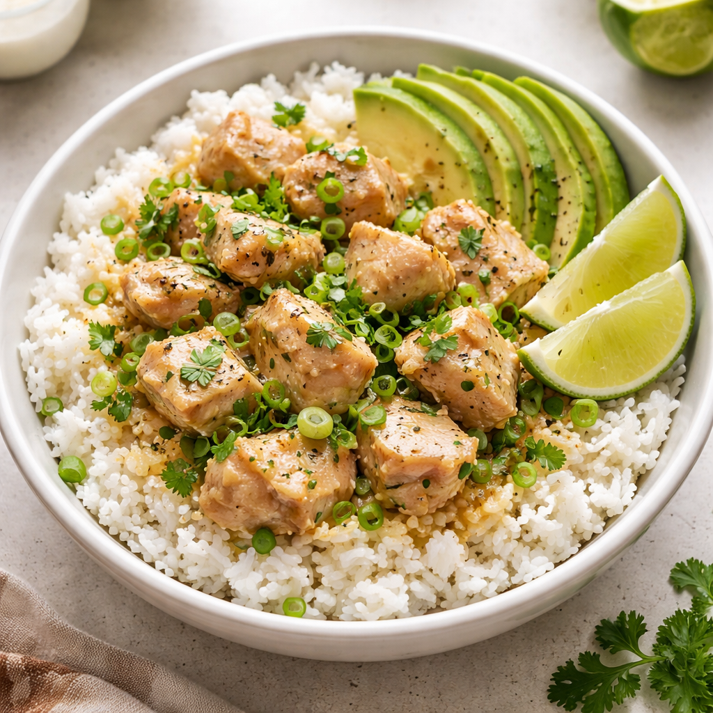 1735855495790-1eofsk8z Coconut Chicken Rice Bowl garnished with fresh herbs and served in a bowl.