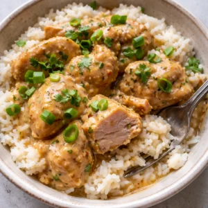 Coconut Chicken Rice Bowl garnished with fresh herbs and served in a bowl.