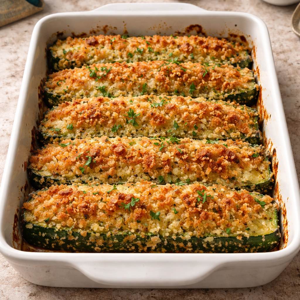 1735855500050-b33rq64b Baked Parmesan zucchini garnished with herbs on a plate