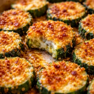 Baked Parmesan zucchini garnished with herbs on a plate