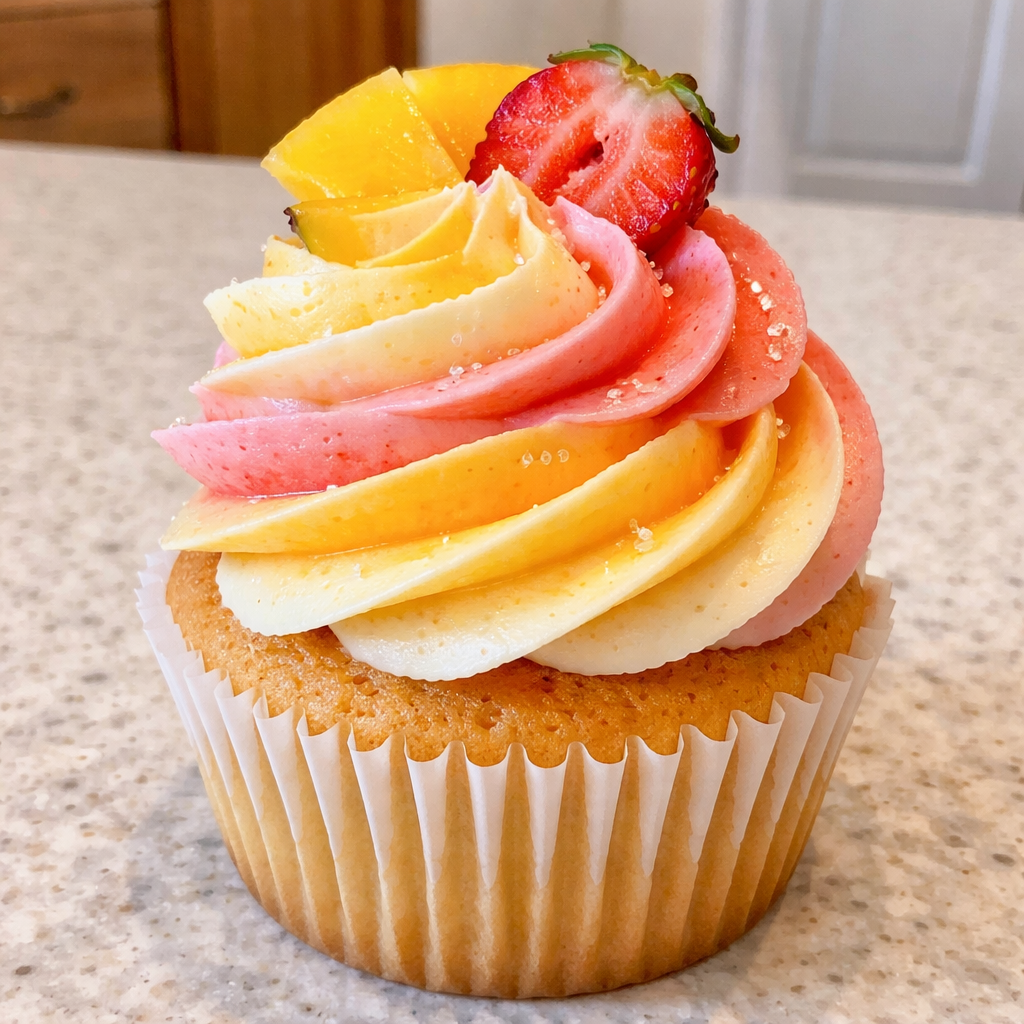 1735855495790-1eofsk8z Mango Strawberry Sunset Cupcakes decorated with vibrant fruit toppings