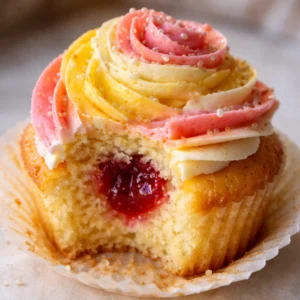 Mango Strawberry Sunset Cupcakes decorated with vibrant fruit toppings