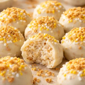 Valentine's Day white chocolate truffles displayed on a festive background.