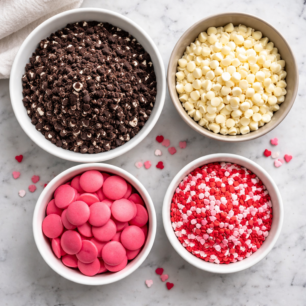 Delicious Valentine's Oreo Bark on a plate with festive decorations
