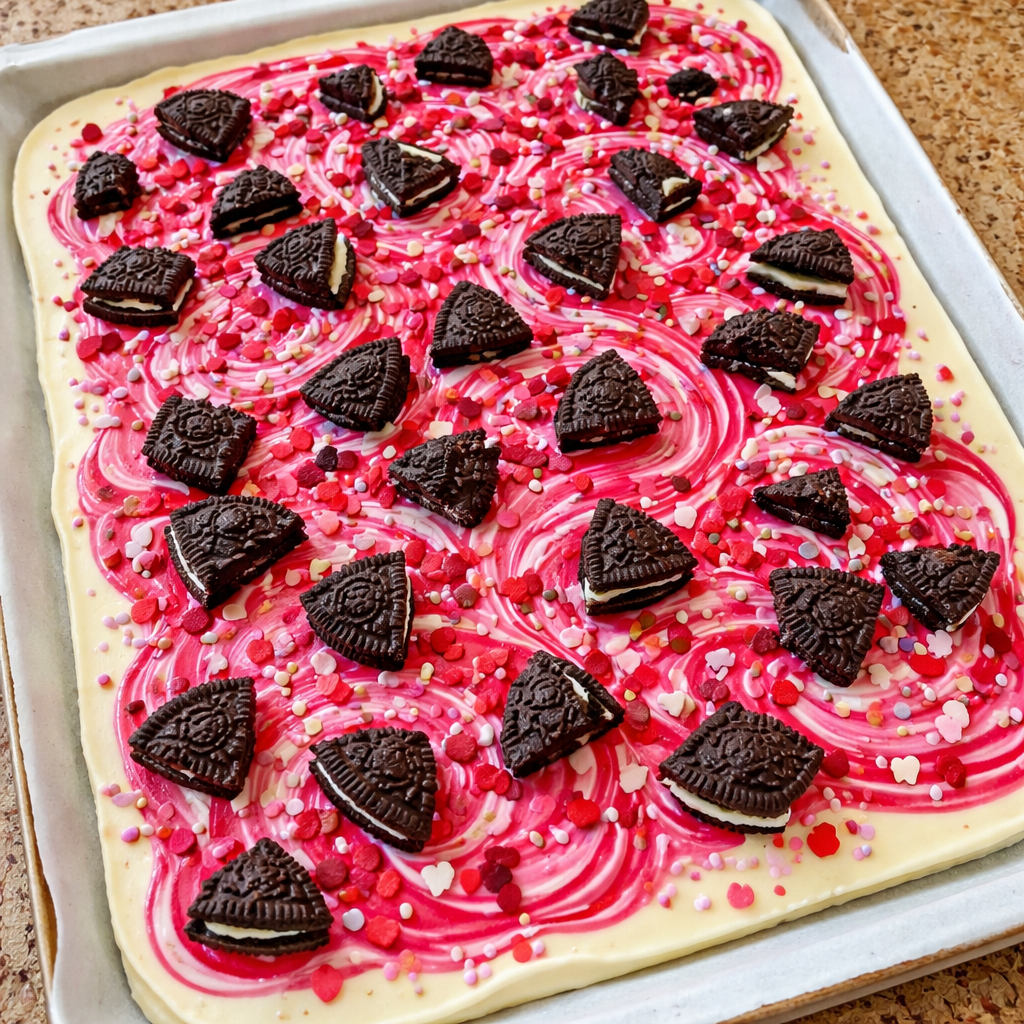 1735855495790-1eofsk8z Delicious Valentine's Oreo Bark on a plate with festive decorations