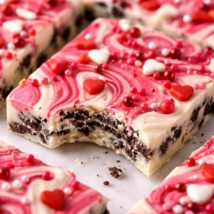 Delicious Valentine's Oreo Bark on a plate with festive decorations