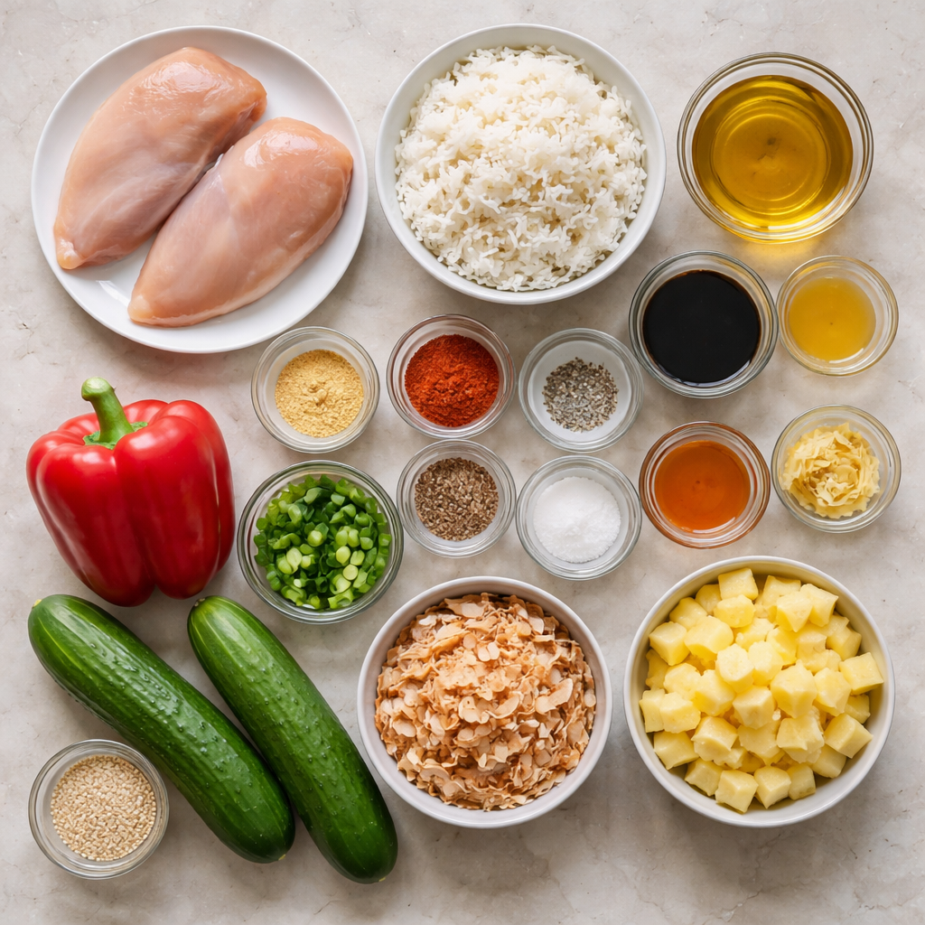 Colorful Hawaiian Chicken Bowl featuring fresh ingredients and tropical flavors