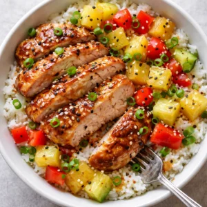 Colorful Hawaiian Chicken Bowl featuring fresh ingredients and tropical flavors