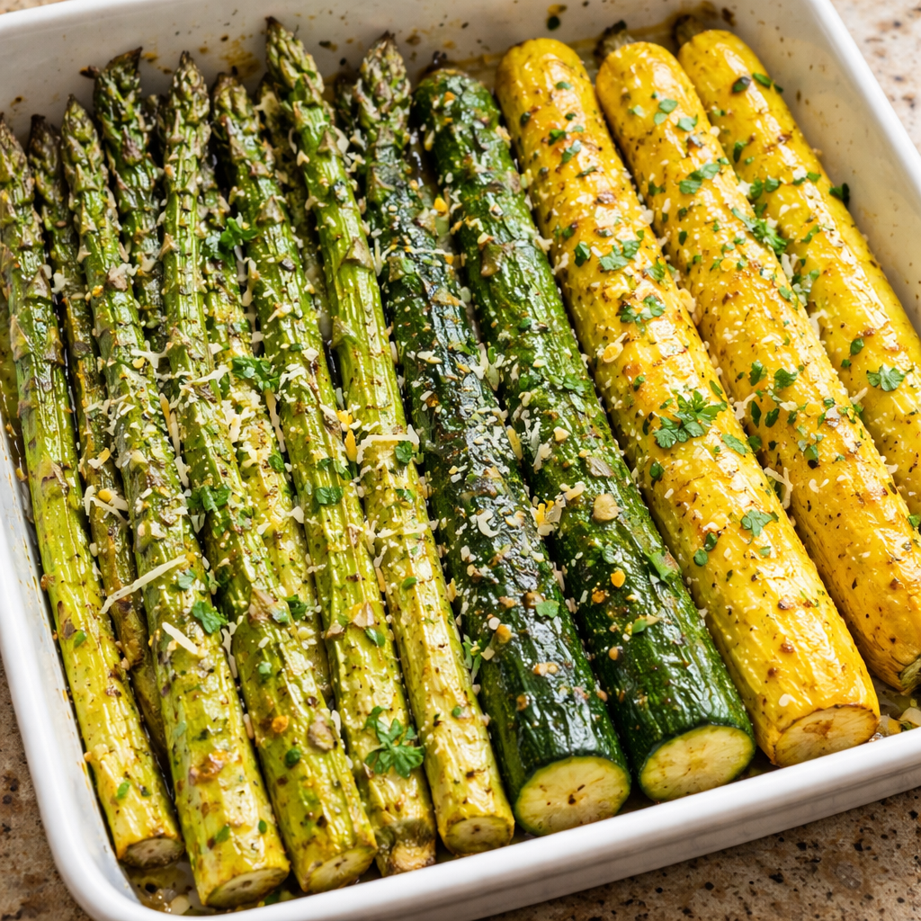 1735855495790-1eofsk8z Plate of flavorful asparagus, zucchini, and squash dish served fresh.