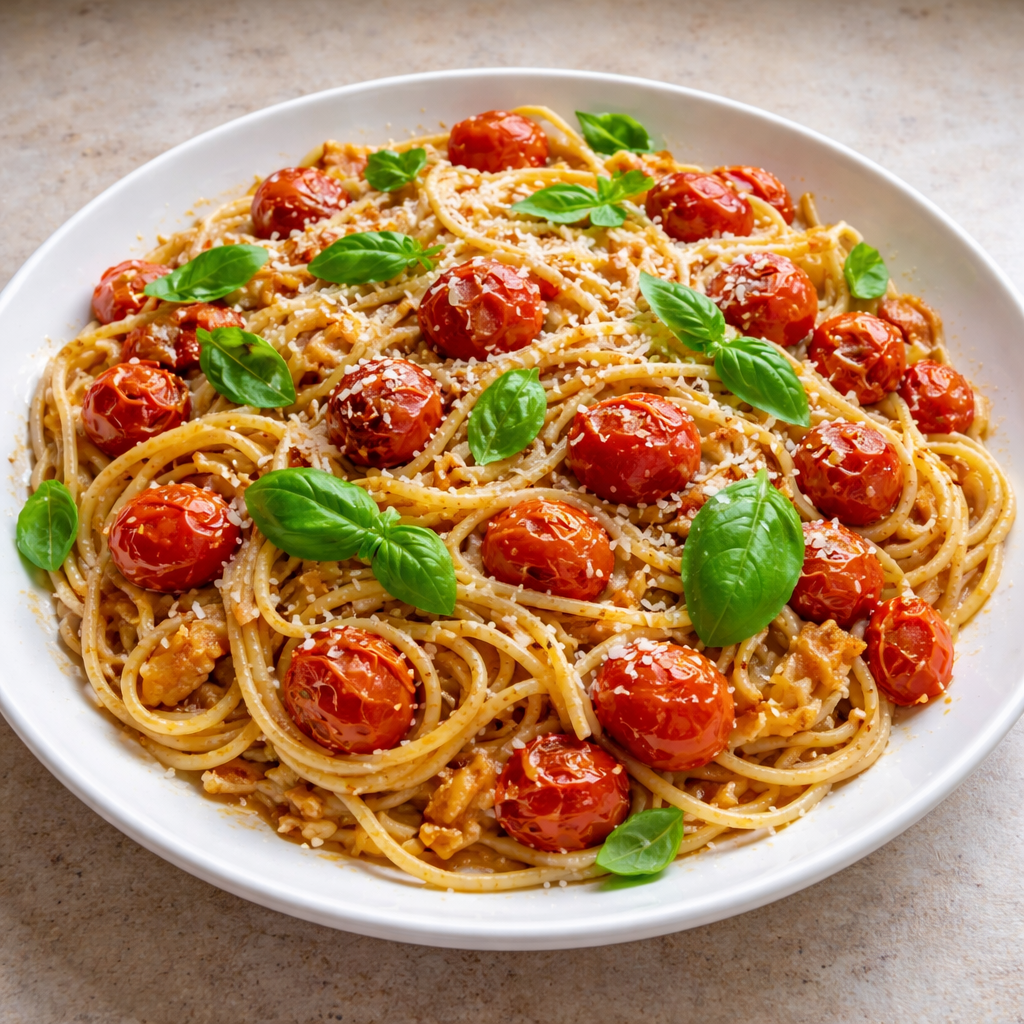 1735855500050-b33rq64b Plate of delicious roasted tomato garlic pasta garnished with basil.