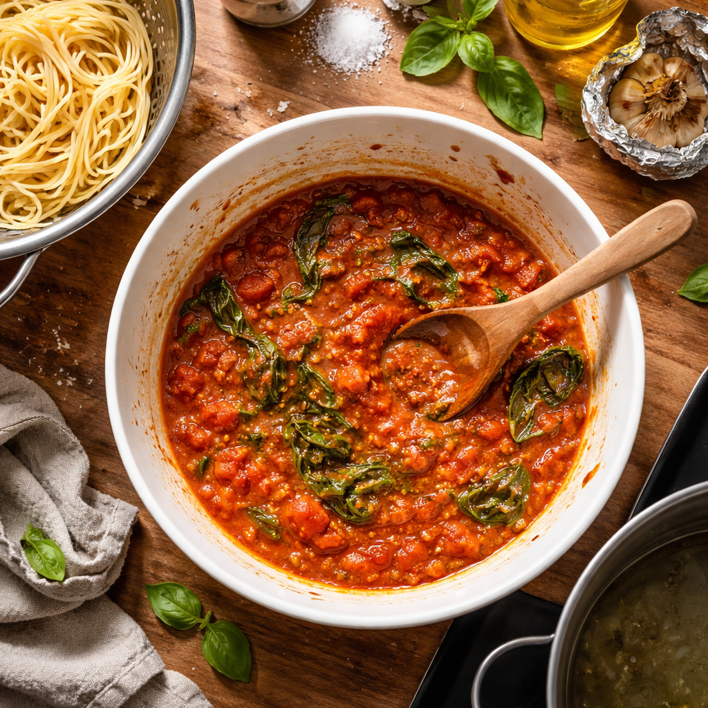 Plate of delicious roasted tomato garlic pasta garnished with basil.