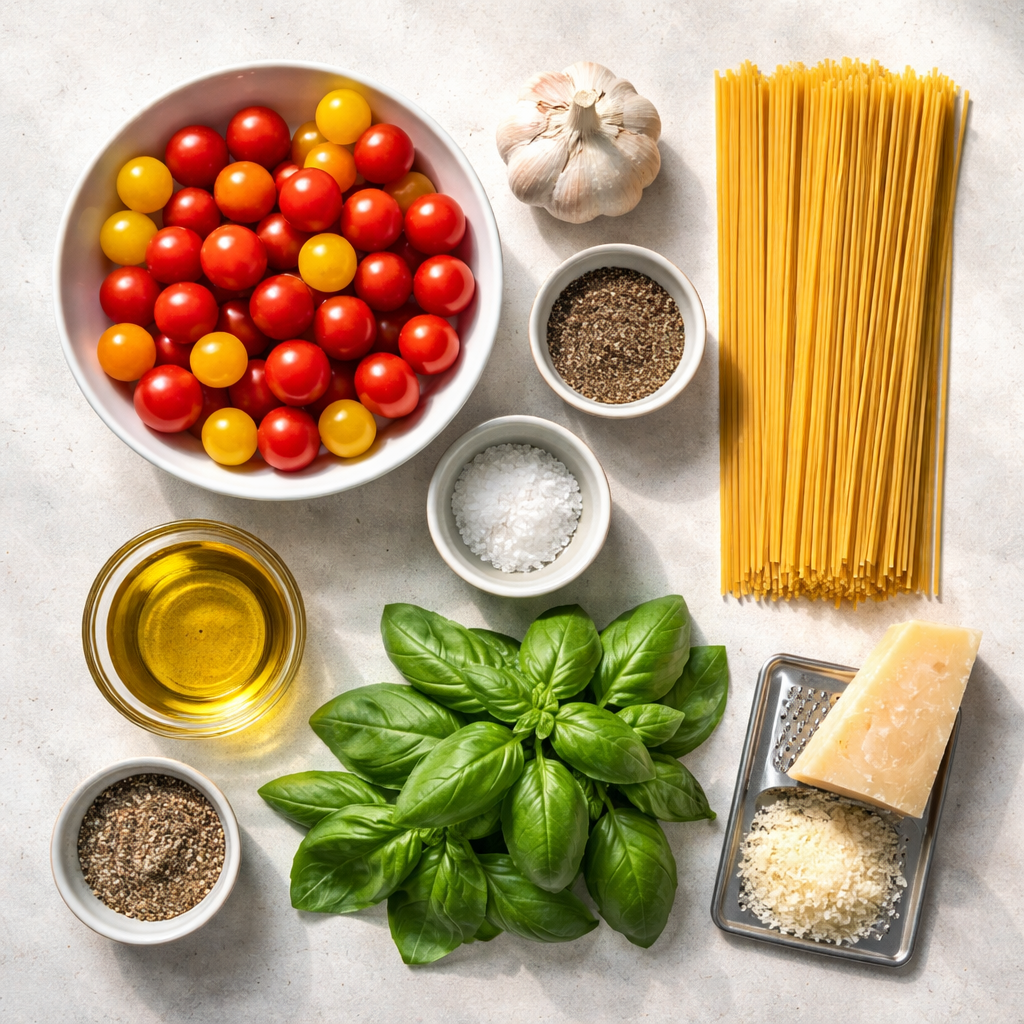 Plate of delicious roasted tomato garlic pasta garnished with basil.