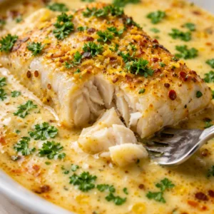 Baked cod fillet served in coconut lemon cream sauce on a plate
