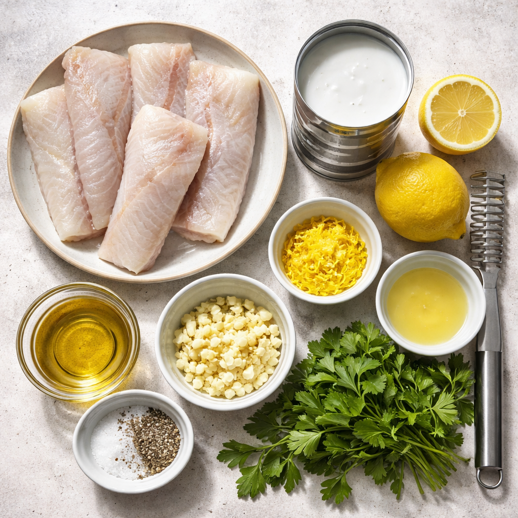 Baked cod fillet served in coconut lemon cream sauce on a plate