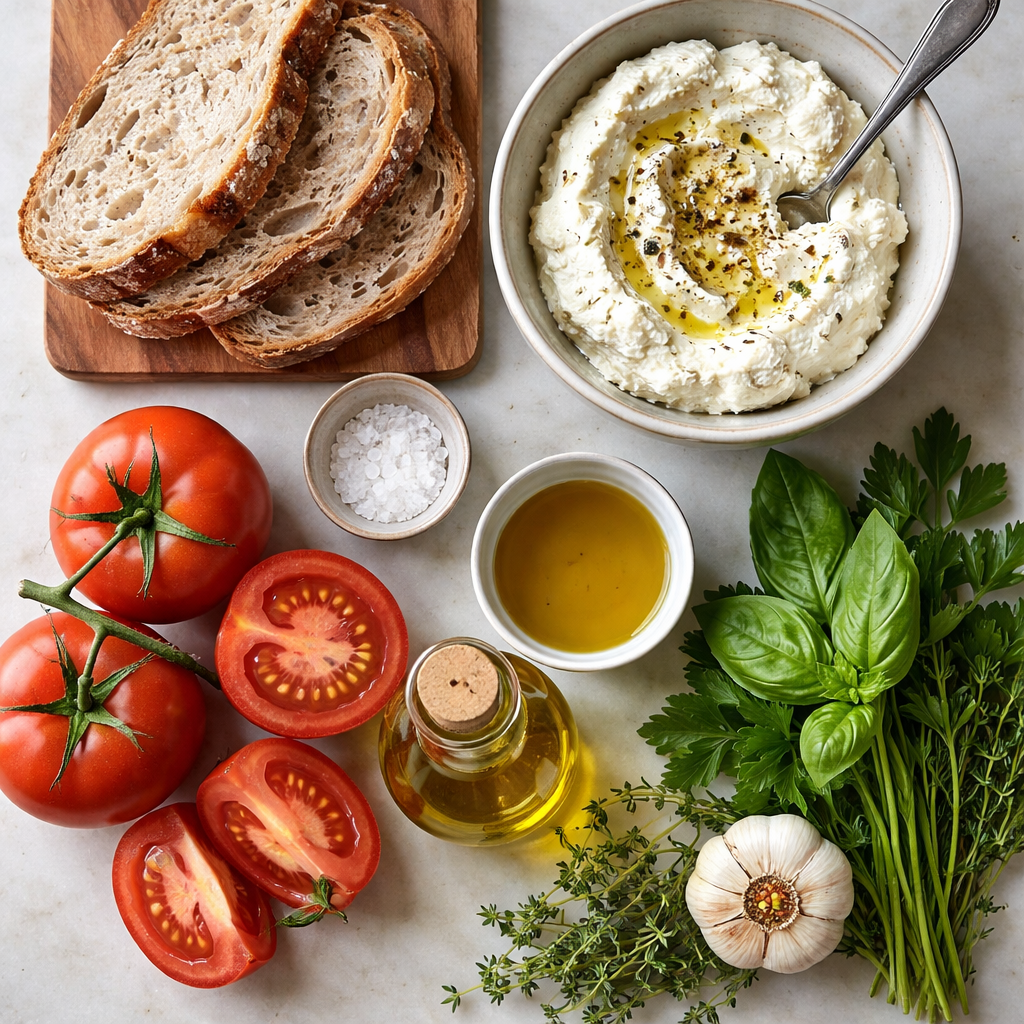 5-Ingredient ricotta and tomato sourdough toast topped with herbs