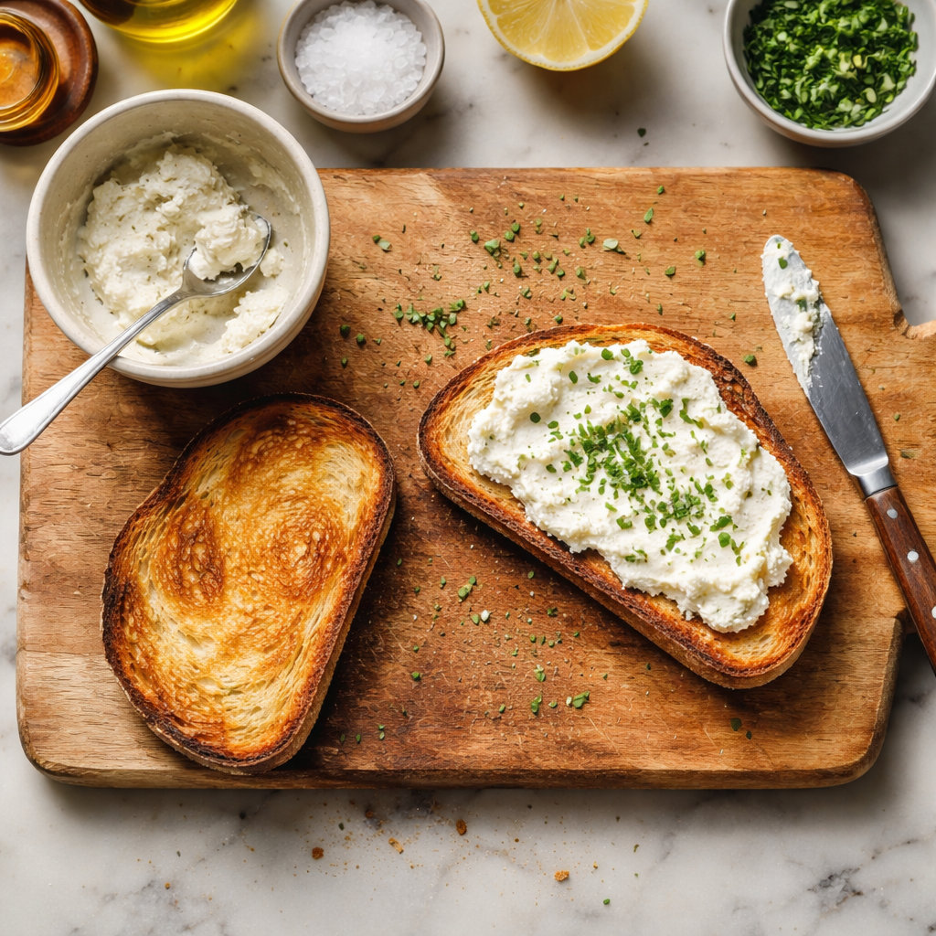 5-Ingredient ricotta and tomato sourdough toast topped with herbs