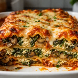 Delicious Mushroom Spinach Lasagna with layers of cheese and fresh vegetables