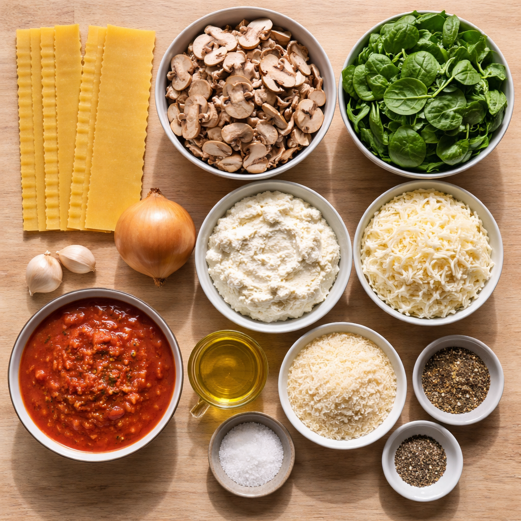 Delicious Mushroom Spinach Lasagna with layers of cheese and fresh vegetables