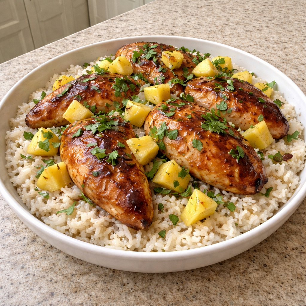1735855495790-1eofsk8z Plate of Hawaiian Chicken served with fluffy coconut rice on the side.