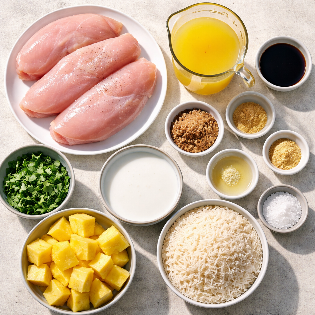 Plate of Hawaiian Chicken served with fluffy coconut rice on the side.