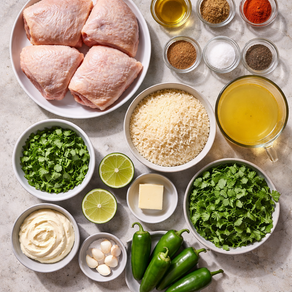 Plate of Peruvian chicken with rice and green sauce