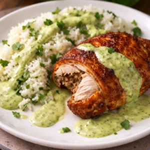 Plate of Peruvian chicken with rice and green sauce