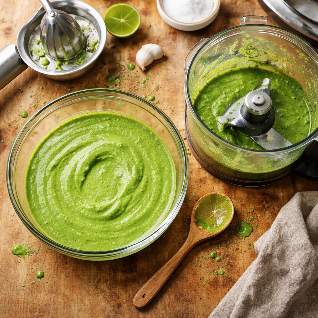 Plate of Peruvian chicken with rice and green sauce