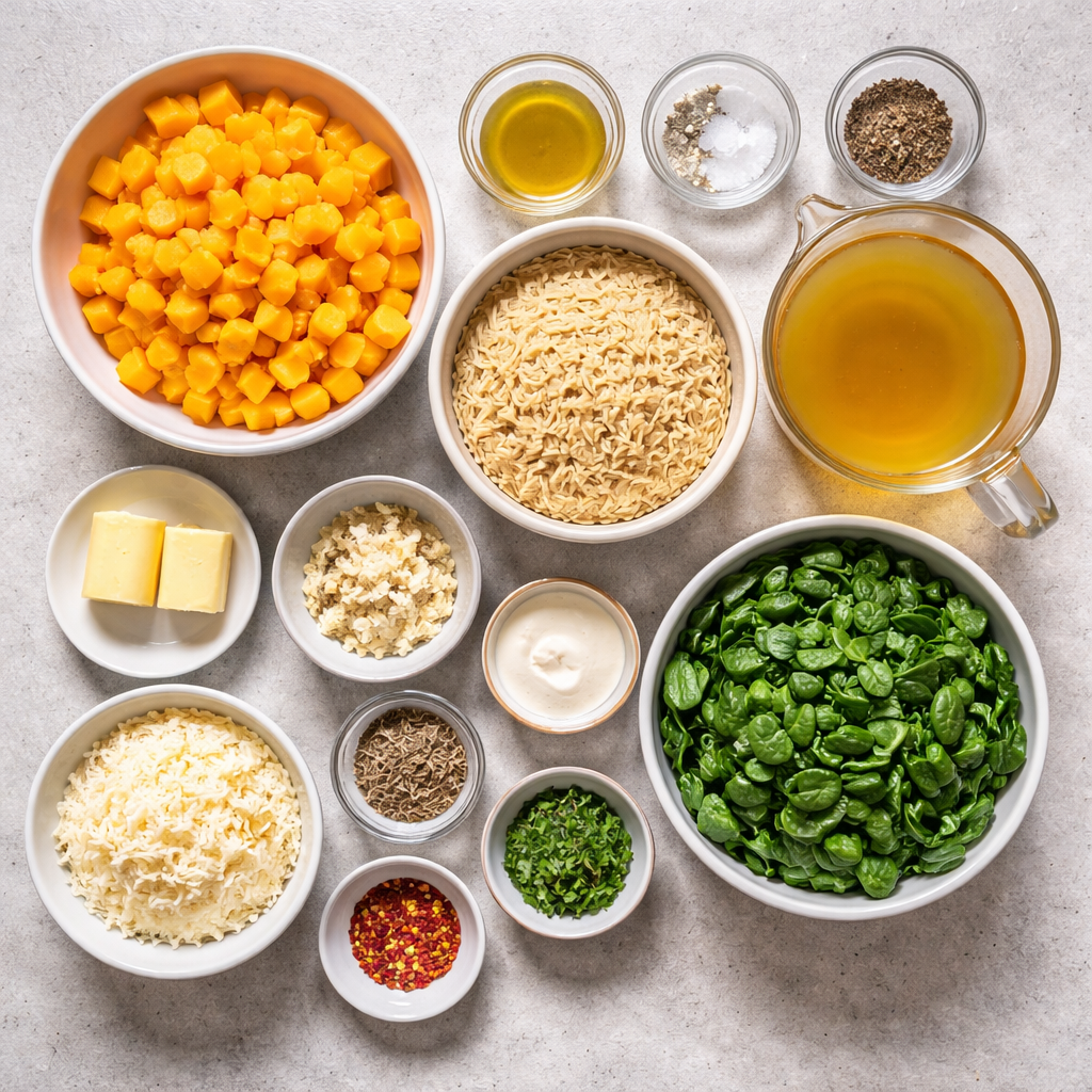 Creamy orzo with roasted butternut squash and spinach served in a bowl.