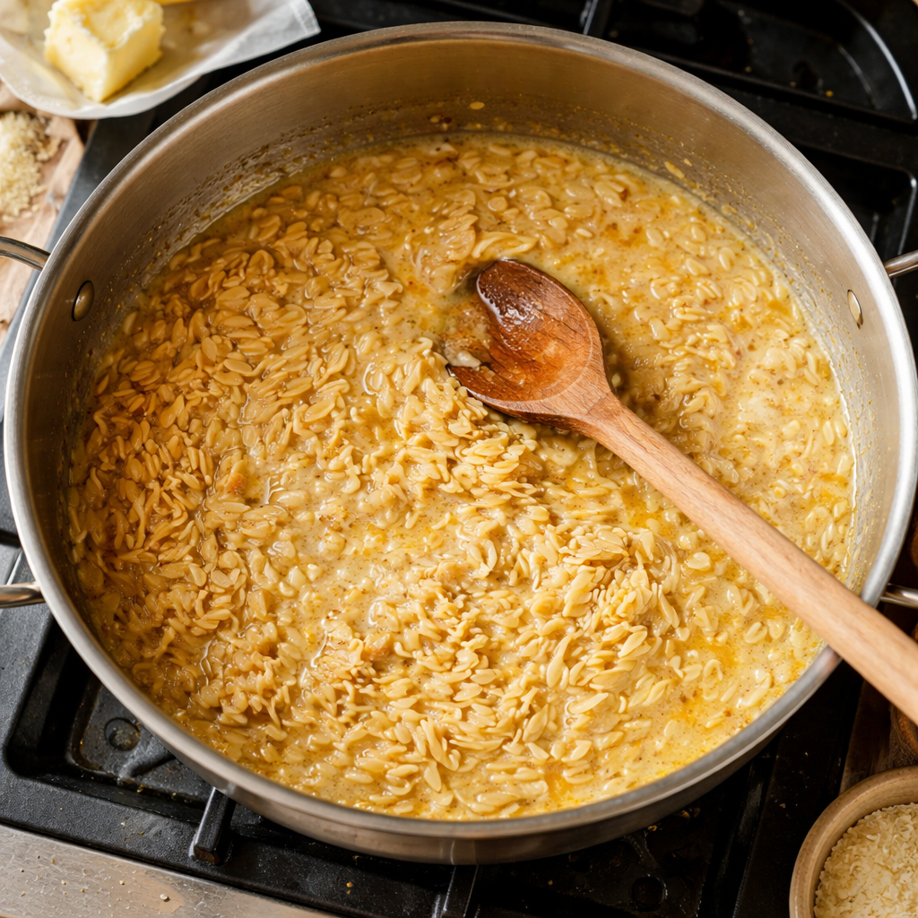 Creamy orzo with roasted butternut squash and spinach served in a bowl.