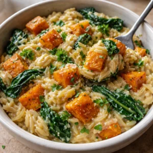 Creamy orzo with roasted butternut squash and spinach served in a bowl.