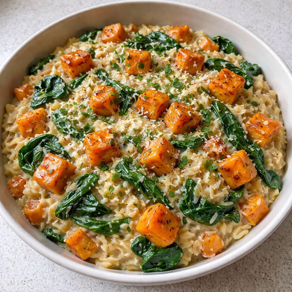 1735855500050-b33rq64b Creamy orzo with roasted butternut squash and spinach served in a bowl.