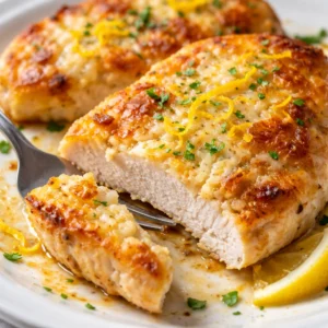 Plate of Lemon Chicken Romano garnished with fresh herbs and lemon slices