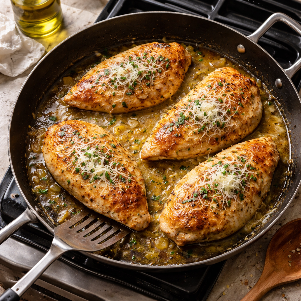 Plate of Lemon Chicken Romano garnished with fresh herbs and lemon slices