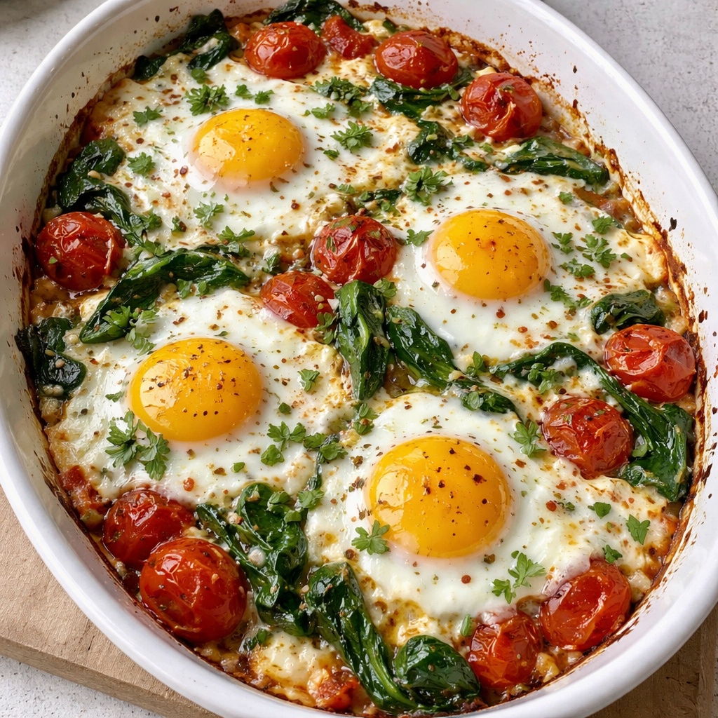 1735855495790-1eofsk8z Baked feta eggs with tomatoes and spinach in a rustic dish