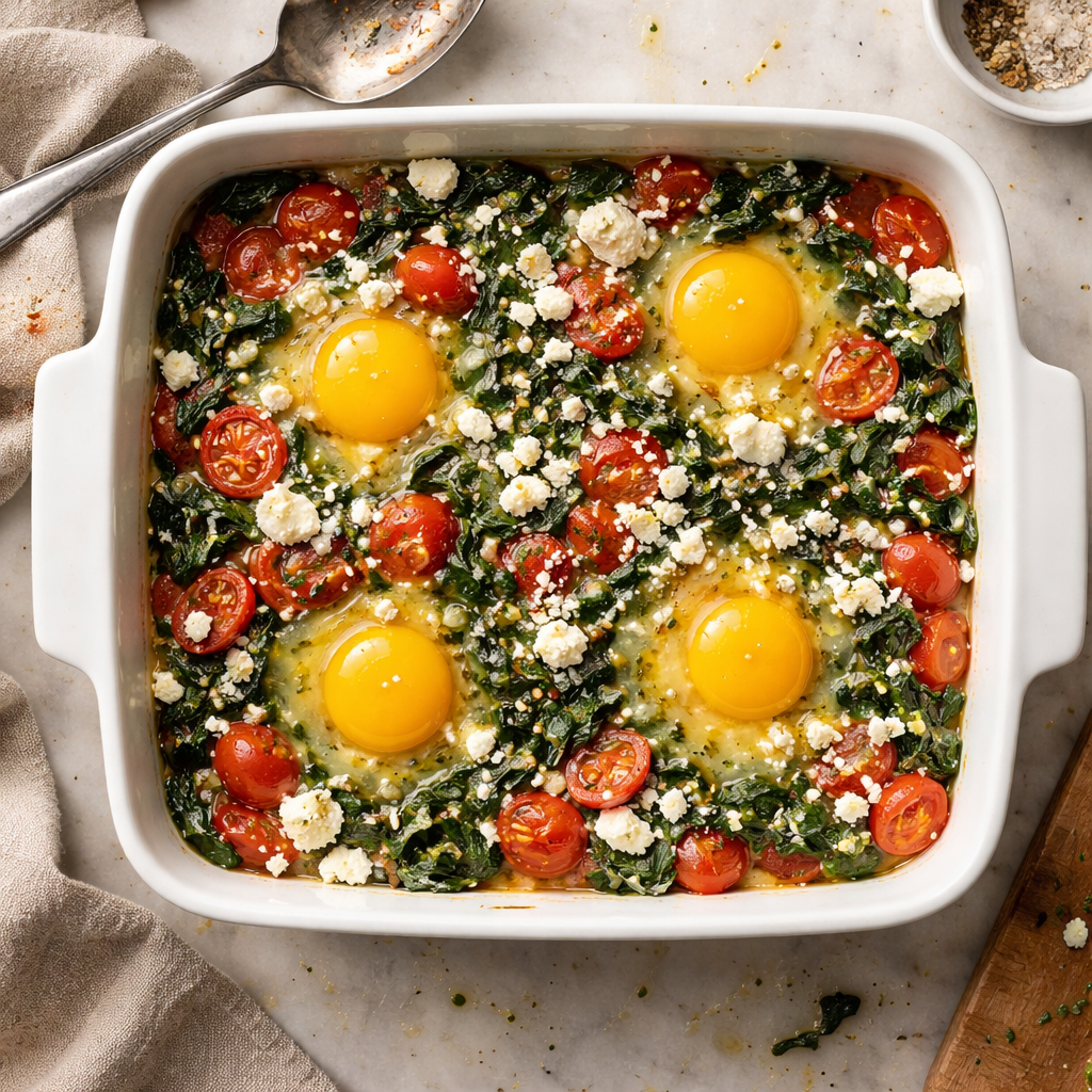 Baked feta eggs with tomatoes and spinach in a rustic dish