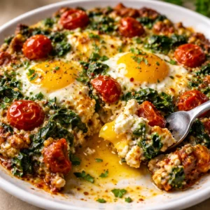 Baked feta eggs with tomatoes and spinach in a rustic dish