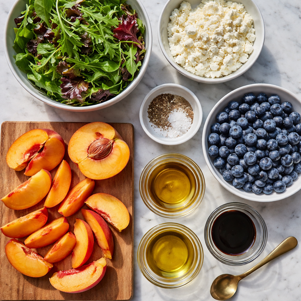 Delicious Peach Blueberry Salad with fresh peaches and blueberries, served in a bowl