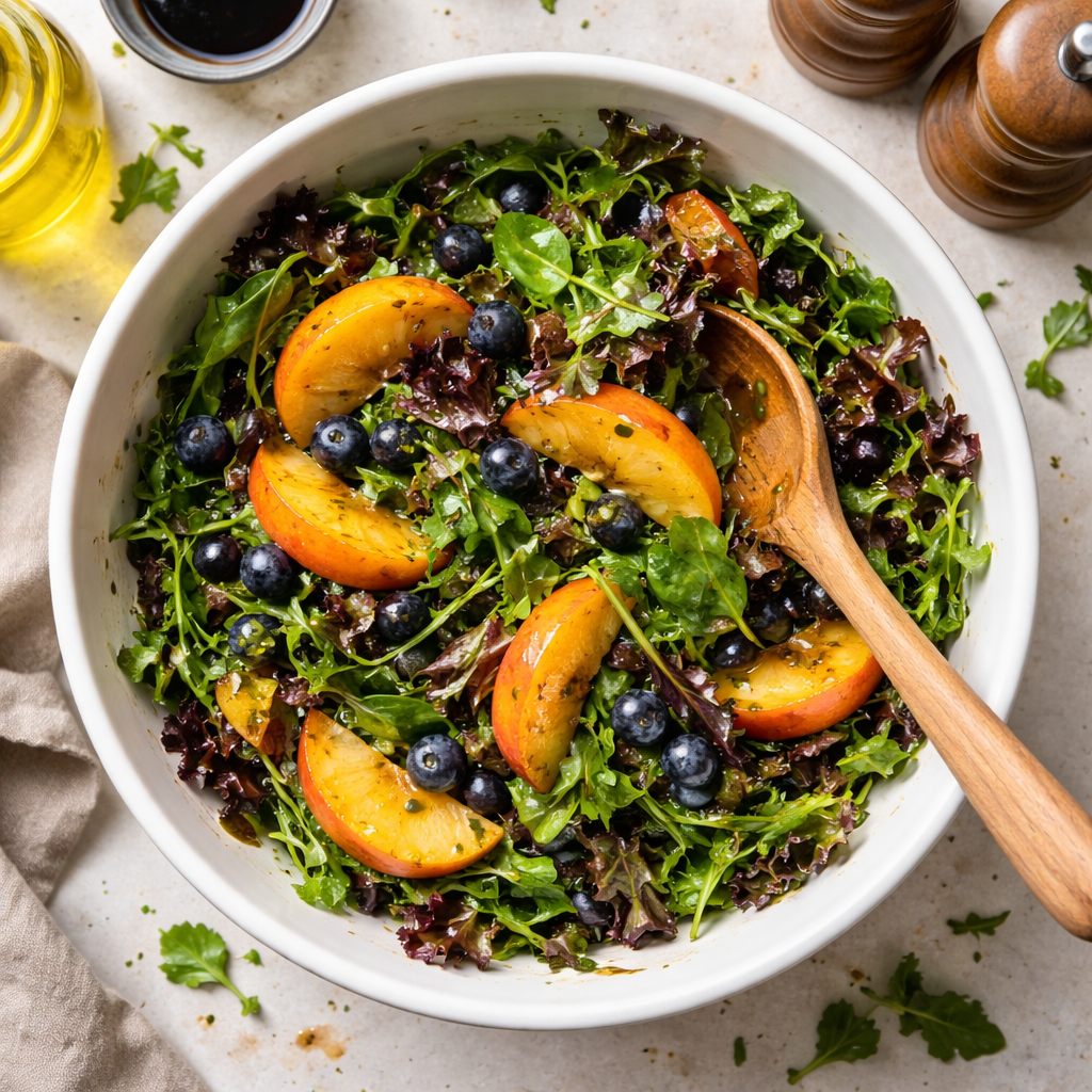 Delicious Peach Blueberry Salad with fresh peaches and blueberries, served in a bowl